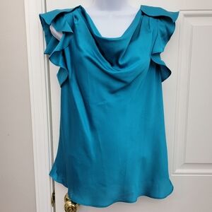 Worthington Teal Satin Flowy Feminine Flutter Sleeve Blouse Size Medium